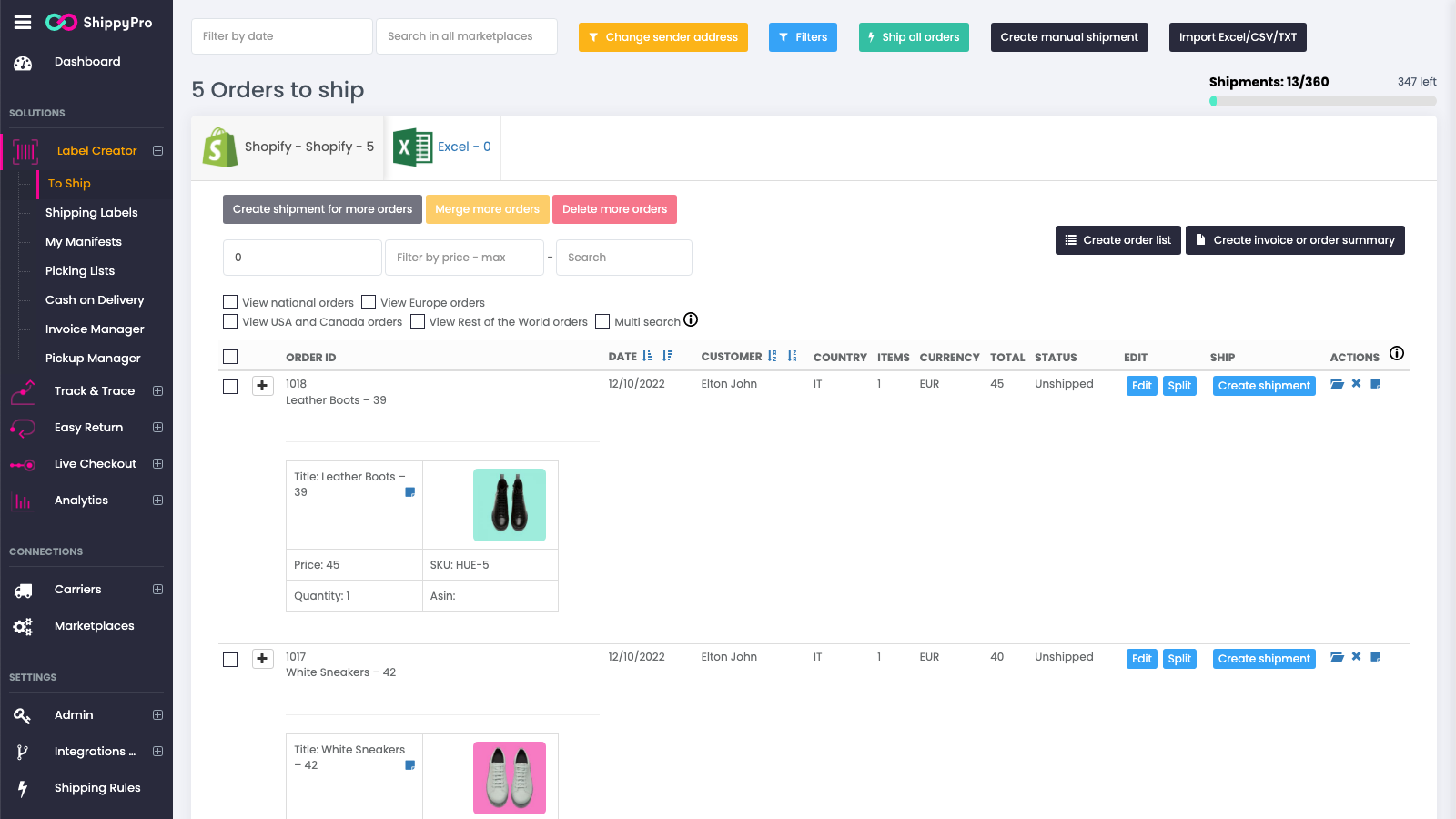 Crea etichette di spedizione in un click dei tuoi ordini Shopify