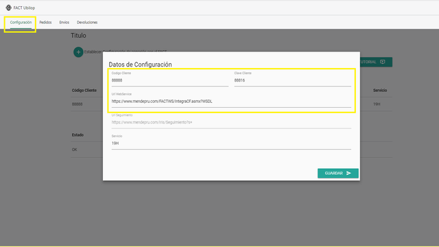 Se configuran los parámetros de conexión(URL, Cliente, Clave)