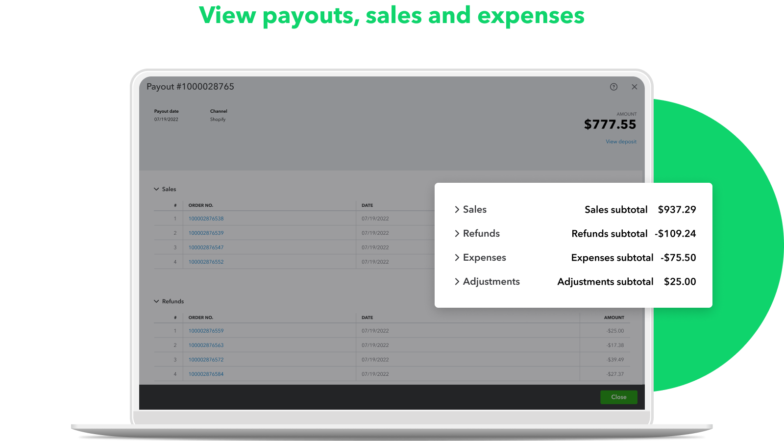 View payouts, sales and expenses