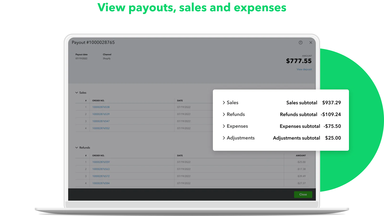 View payouts, sales and expenses