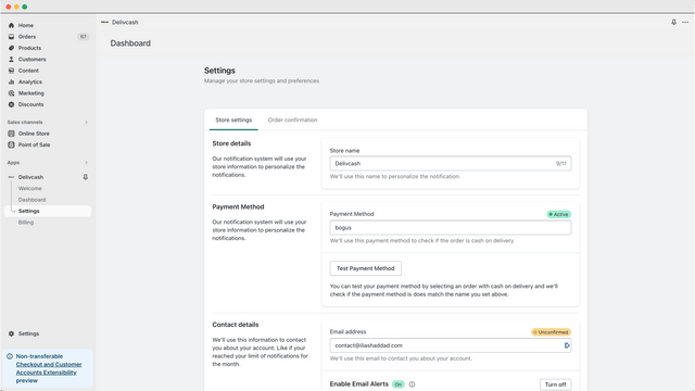 Página de configuración | Delivcash