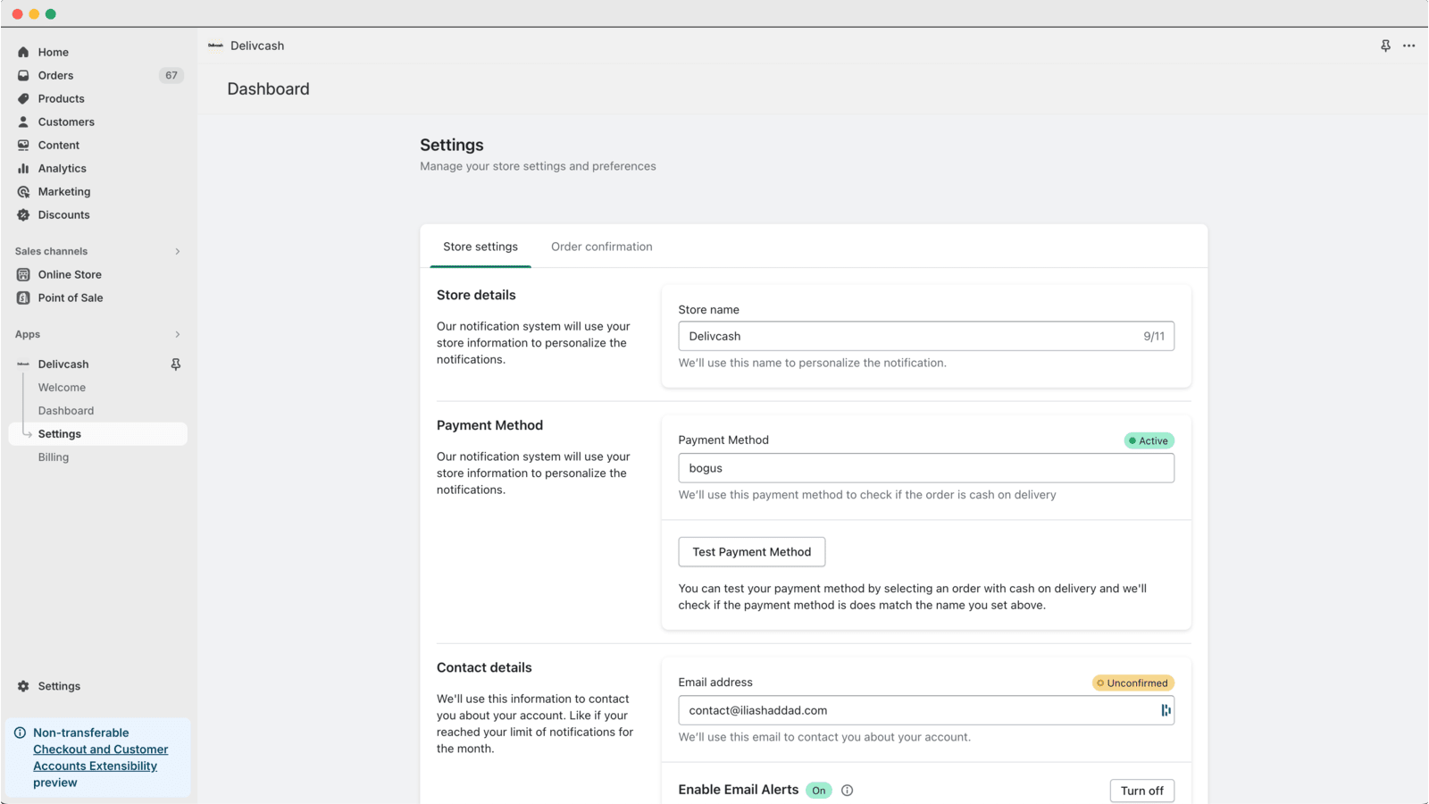 Settings page | Delivcash