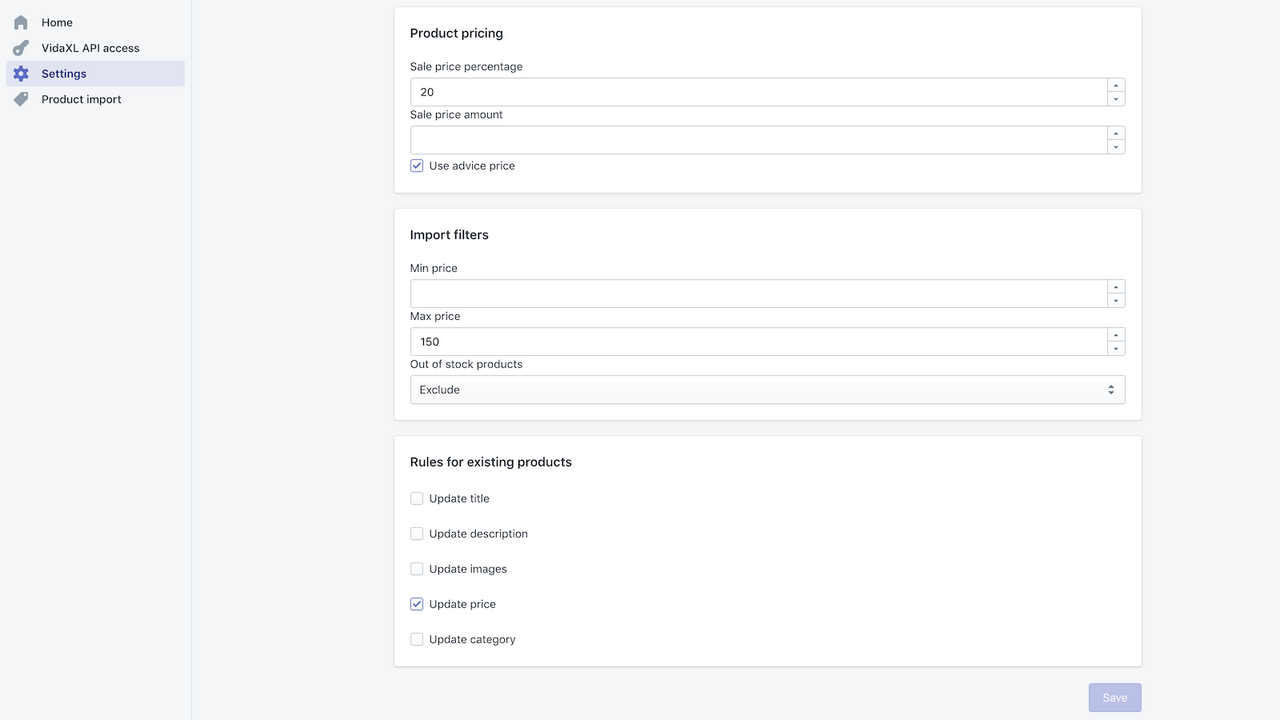 vidaXL settings for importing dropshipping products in Shopify
