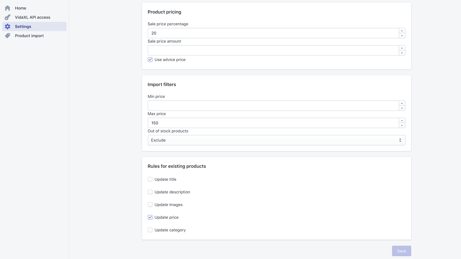 vidaXL settings for importing dropshipping products in Shopify