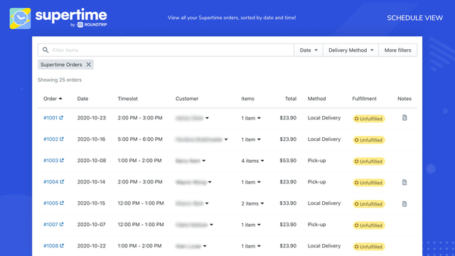 Voir toutes vos commandes Supertime, triées par date et heure!