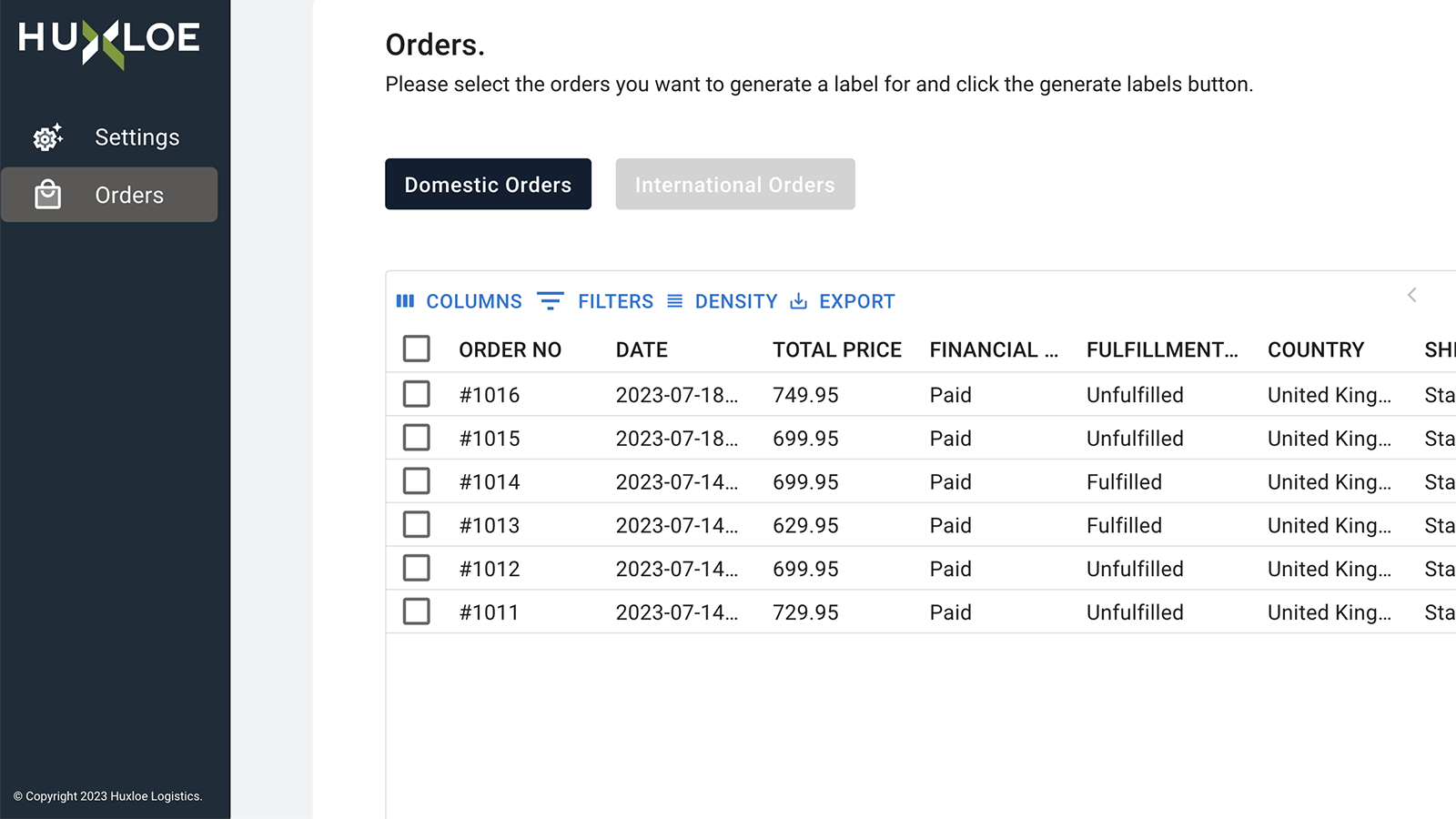 Huxloe settings - domestic orders