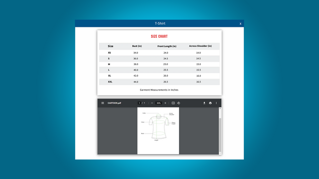 Popup du tableau des tailles