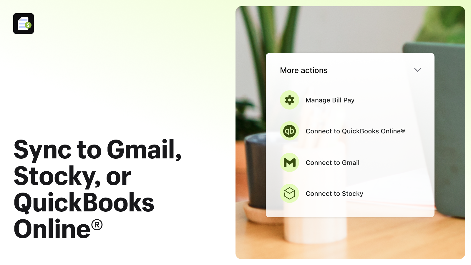 Synkroniser til Gmail, Stocky eller QuickBooks Online