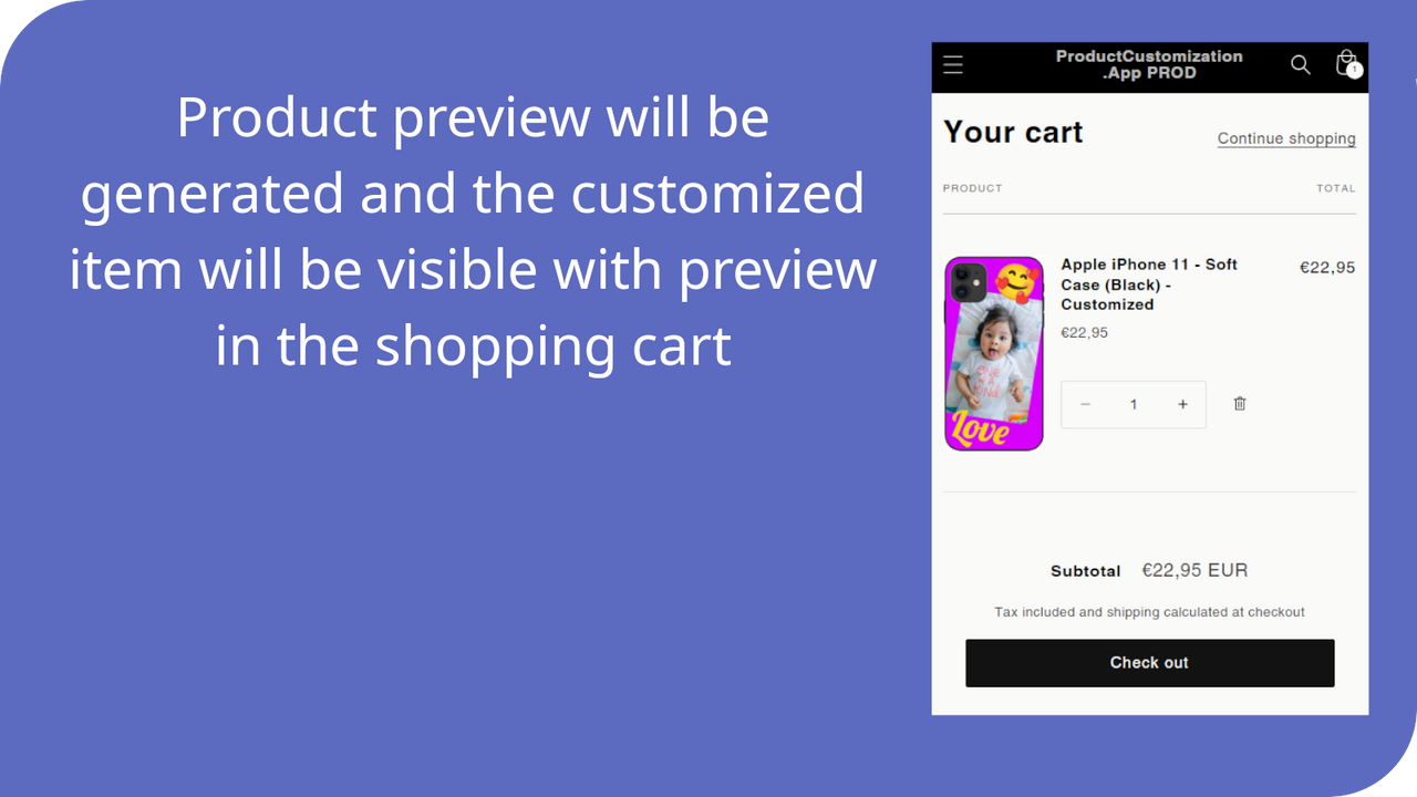 Customized item will be visible with preview in shopping cart