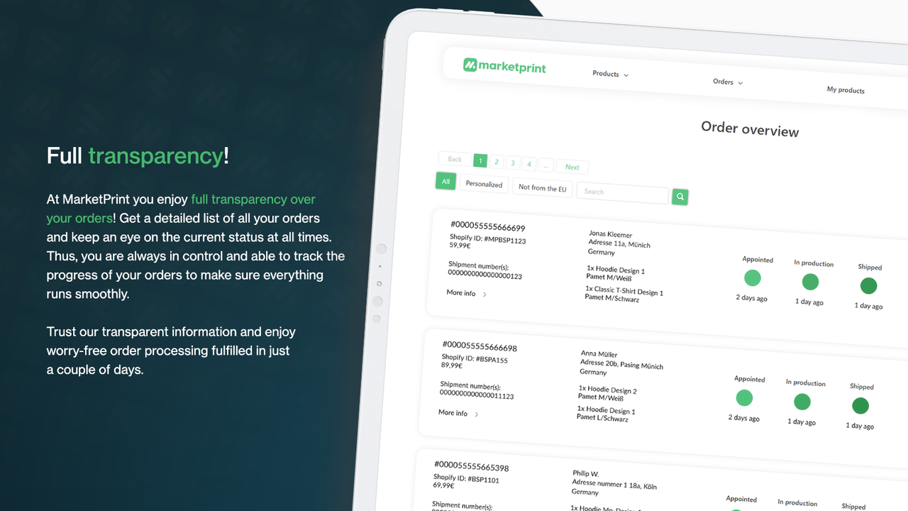 Full transparency with MarketPrint: Print On Demand dropshipping