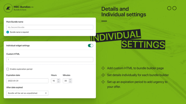 Configuración individual personalizable para crear la página del constructor de paquetes