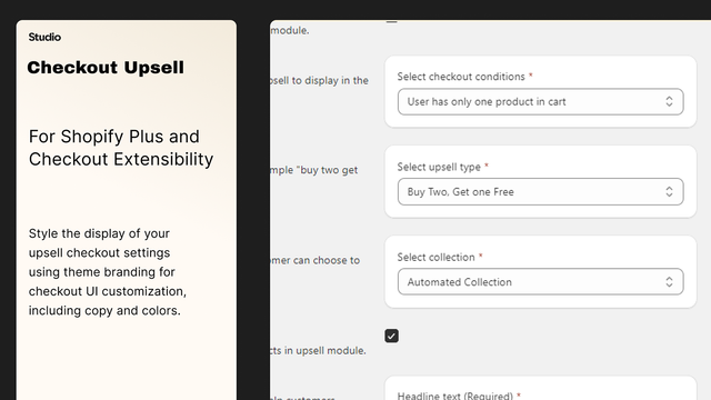 Exemplo de Opções de Admin do Upsell Checkout by Studio