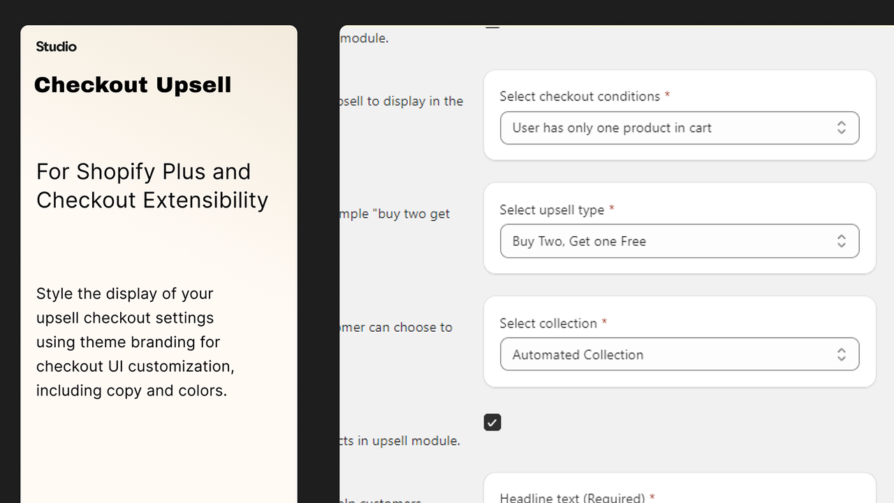 Upsell Checkout von Studio Admin Optionen Beispiel