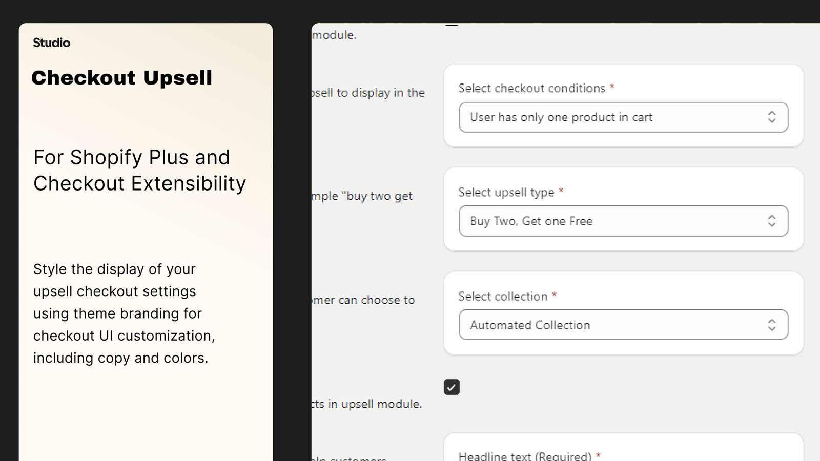 Upsell Checkout by Studio Admin Options Exempel