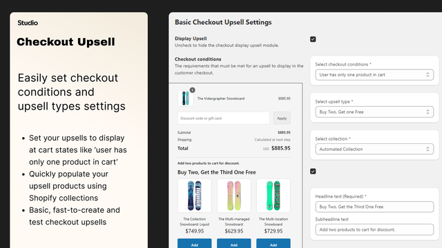 Interface utilisateur de l'administrateur et résumé de Checkout Upsell by Studio