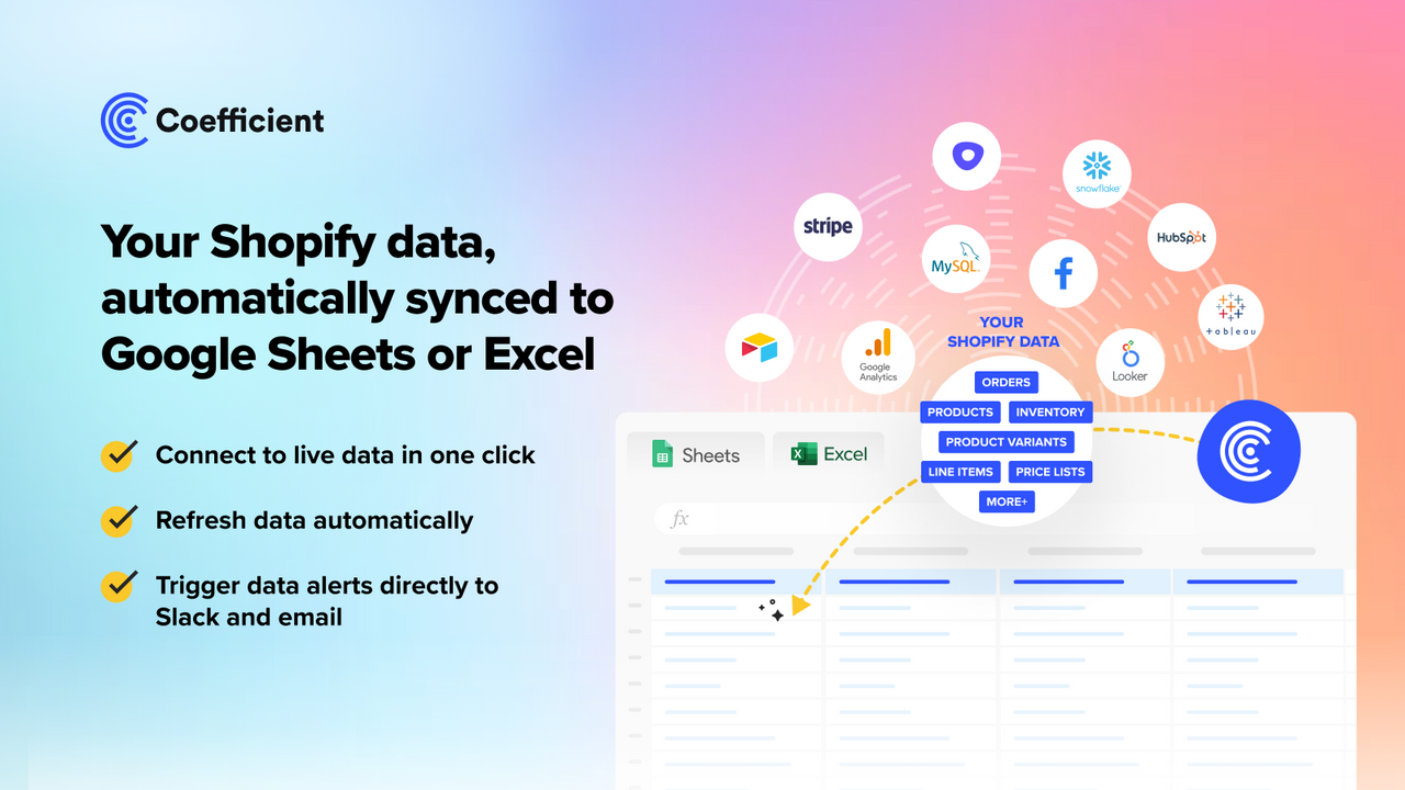 Your Shopify data, automatically synced into spreadsheets