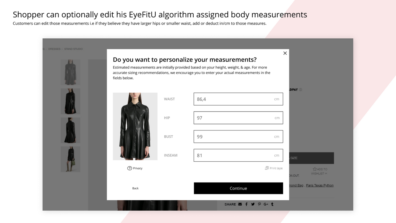 L'acheteur peut éventuellement modifier ses mesures corporelles EyeFitU