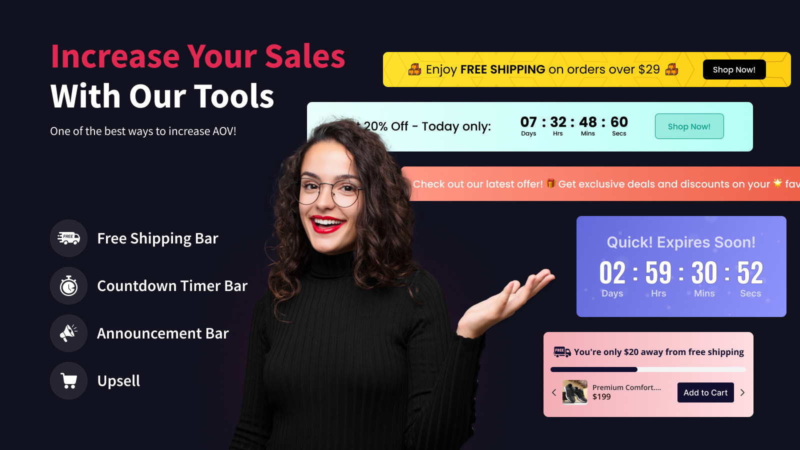 Announcement Bar, Countdown Timer, Free Shipping Bar and upsell