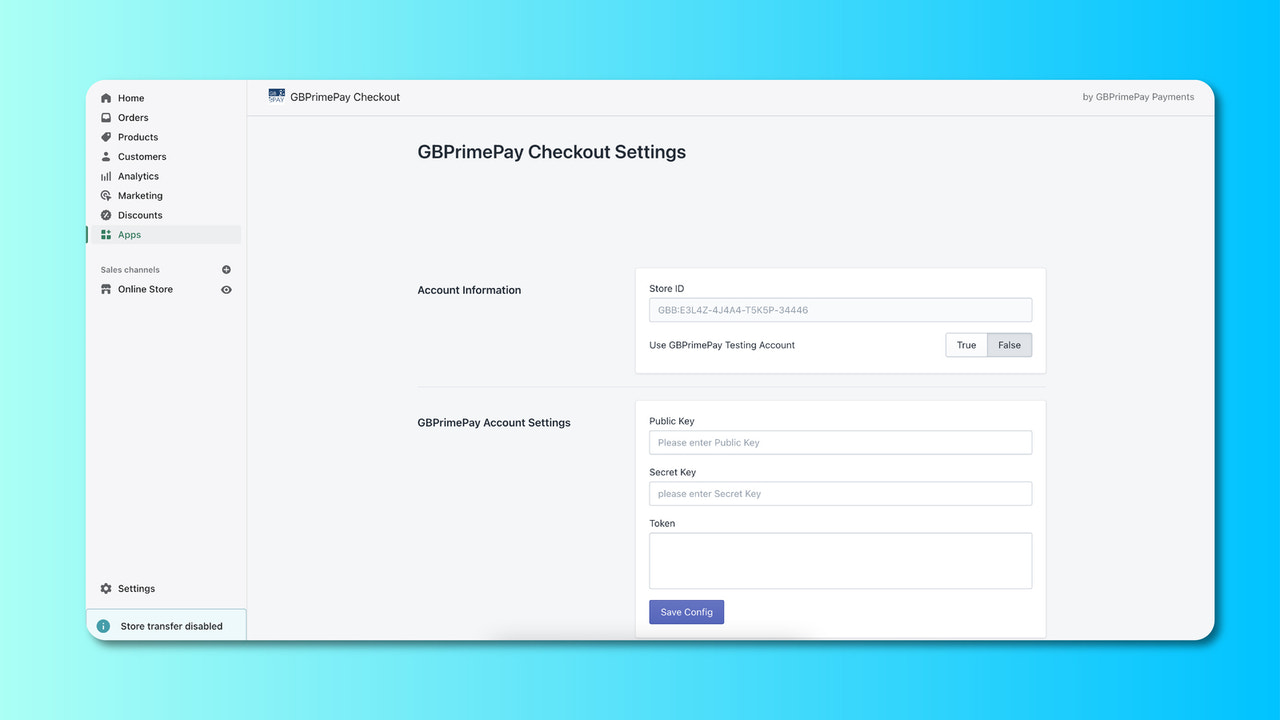 Configuração do GBPrimePay Checkout na página de administração do Shopify