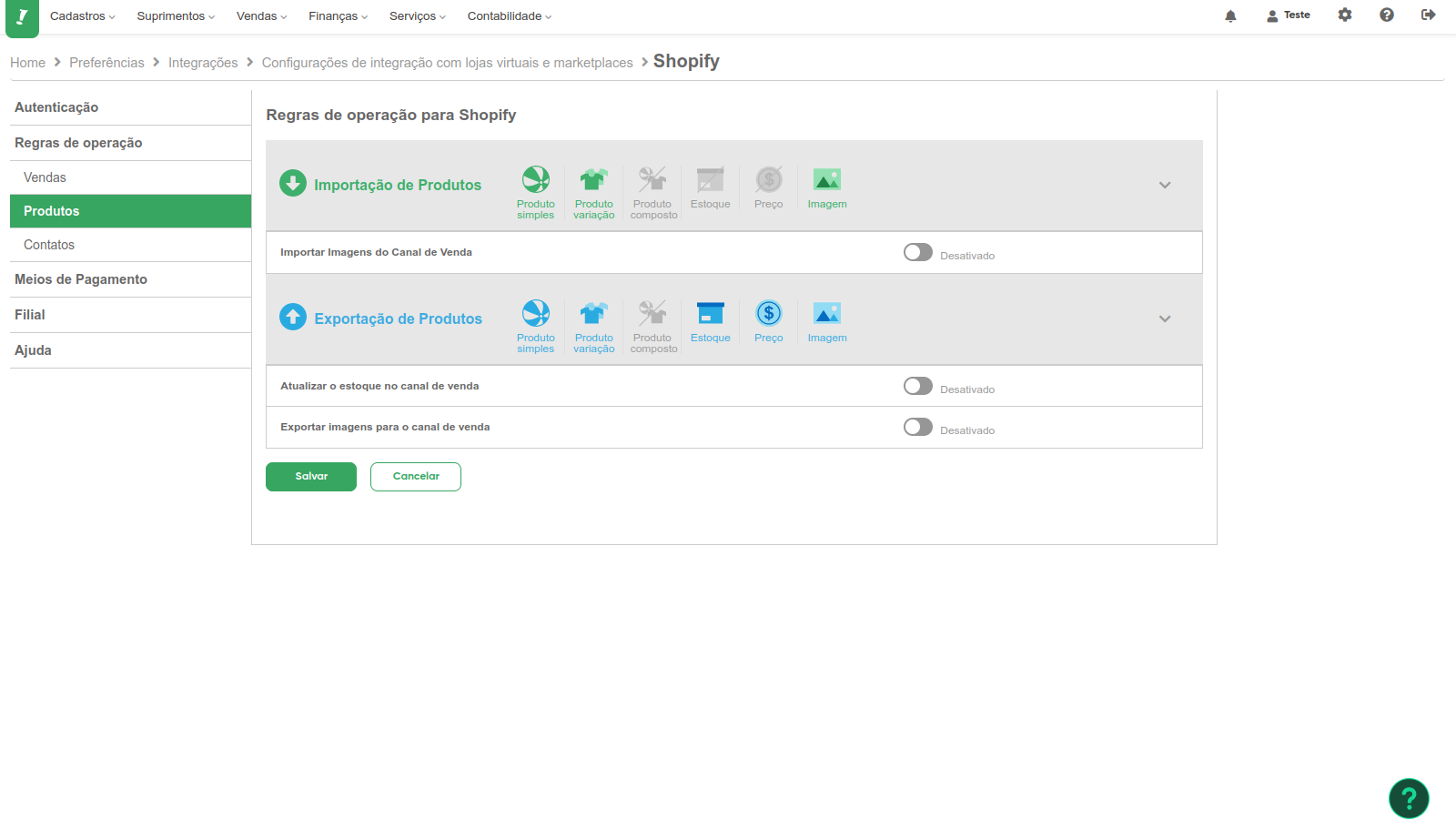 Configurações da integração - Produtos