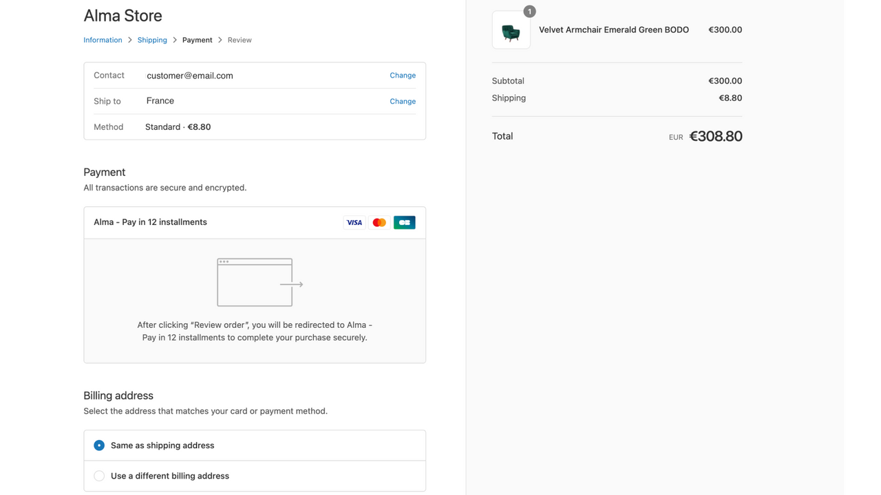 Alma payment method in Shopify checkout