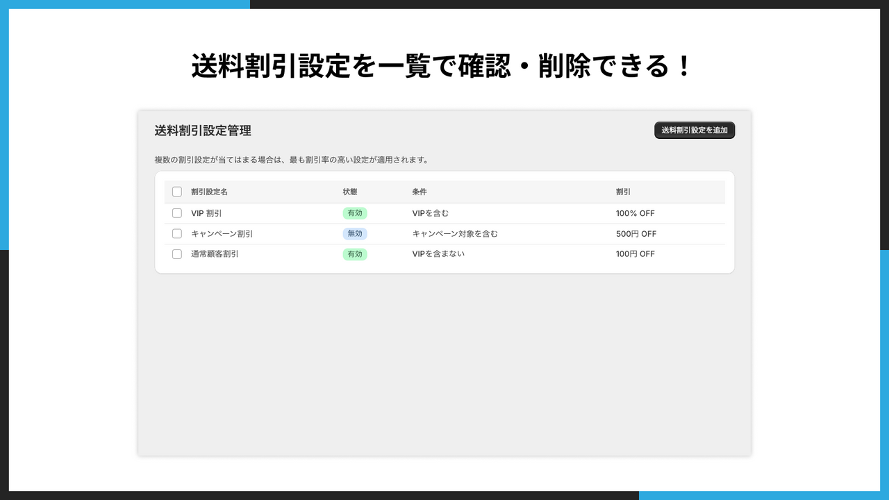 送料割引設定を一覧で確認・削除できる！