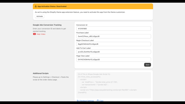 Tableau de bord de l'application pour le suivi des annonces Google Shopify