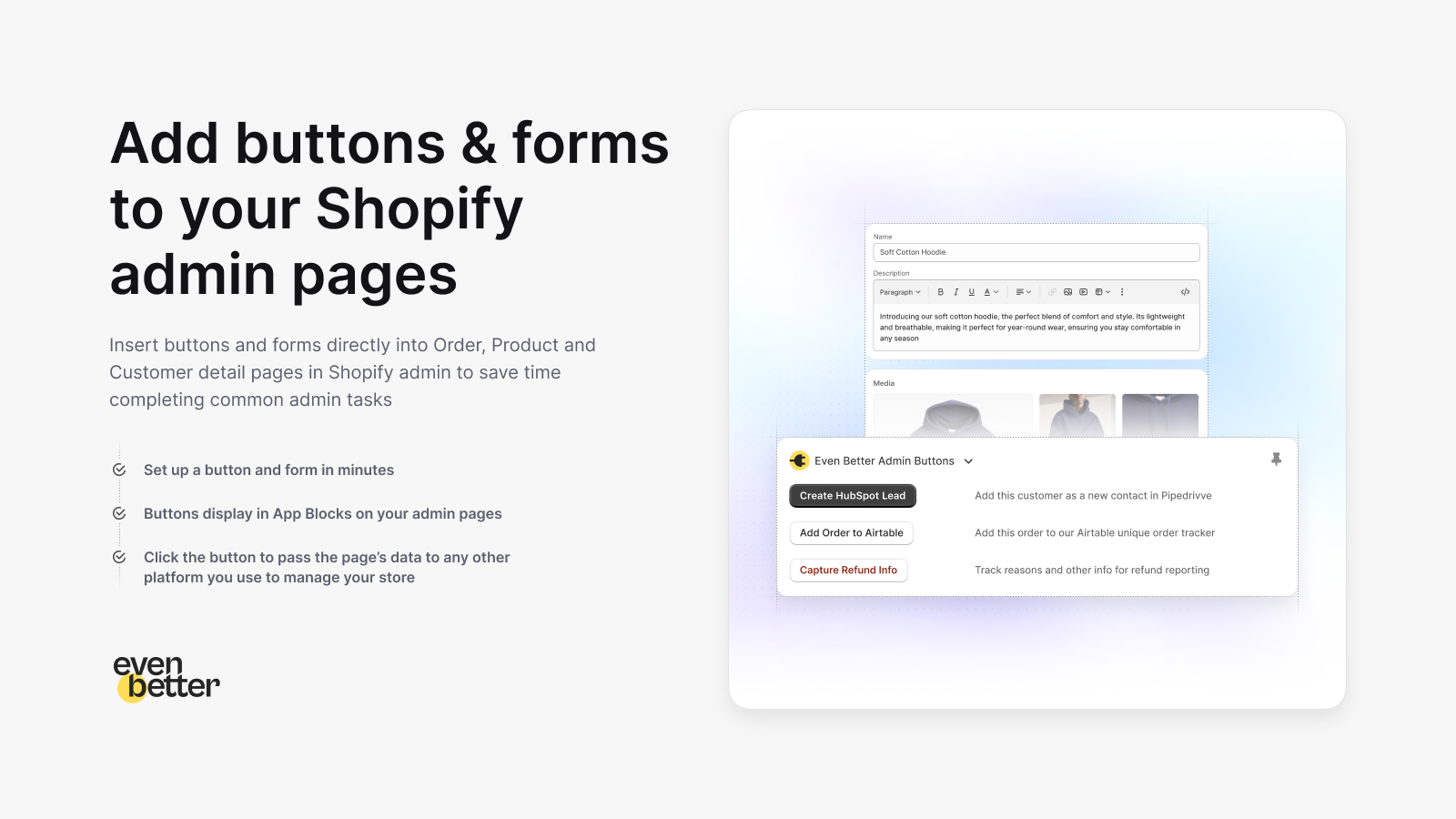 Add buttons & forms to order, product and customer pages