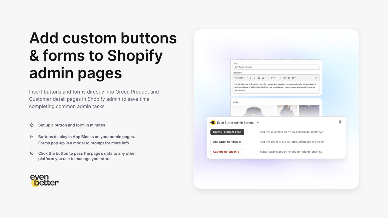 Add custom buttons & forms to order, product and customer pages