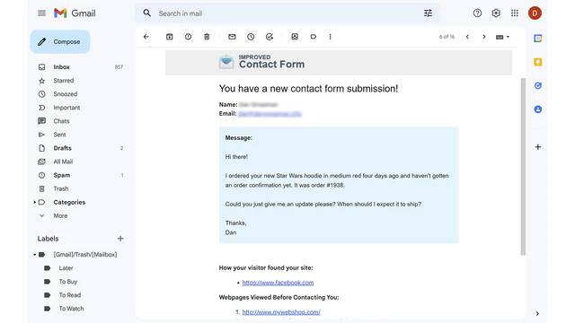 Recevez les soumissions de formulaire de contact dans votre email