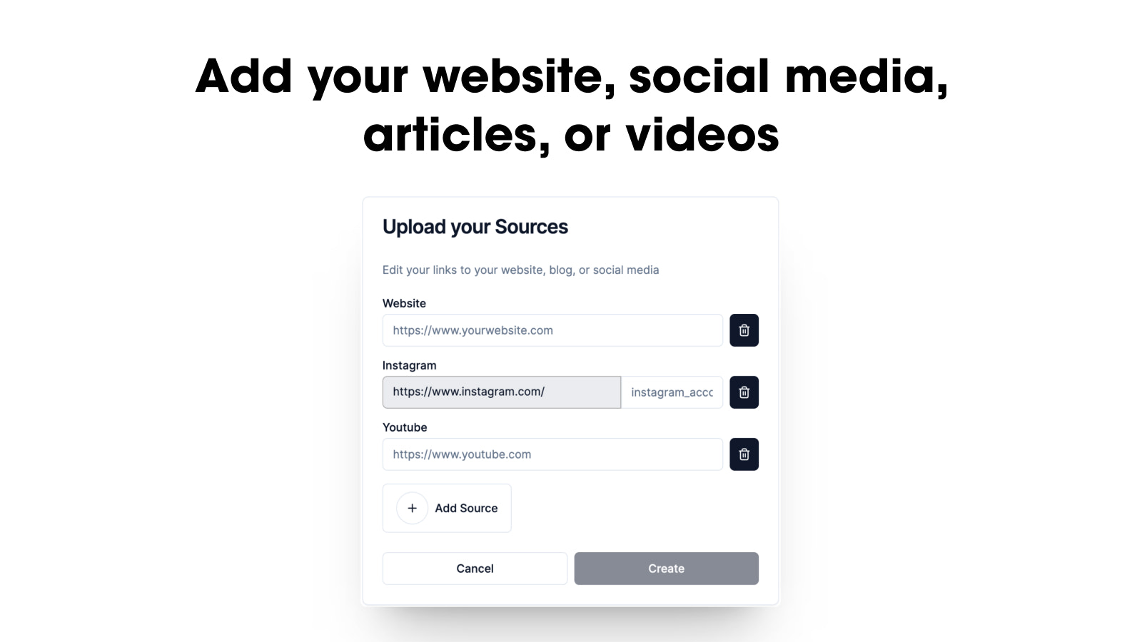 Añade varios tipos de contenido: sitio web, redes sociales, videos