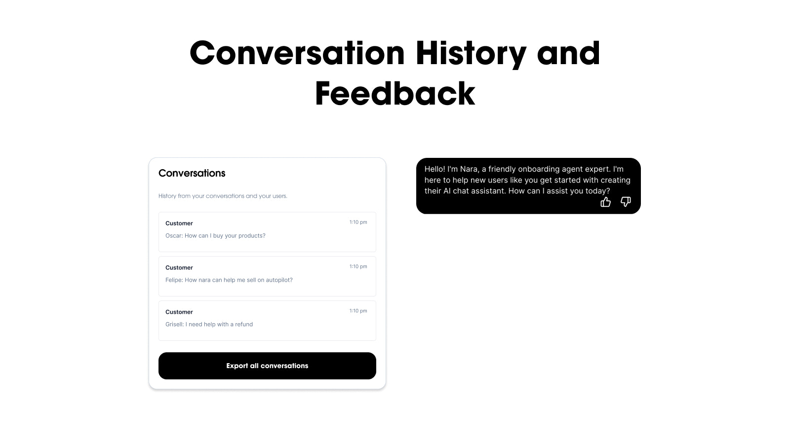 Image de l'historique des conversations et de la fonctionnalité de feedback