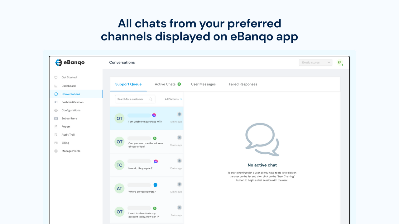 Alle Chats von Ihren bevorzugten Kanälen werden in der eBanqo-App angezeigt