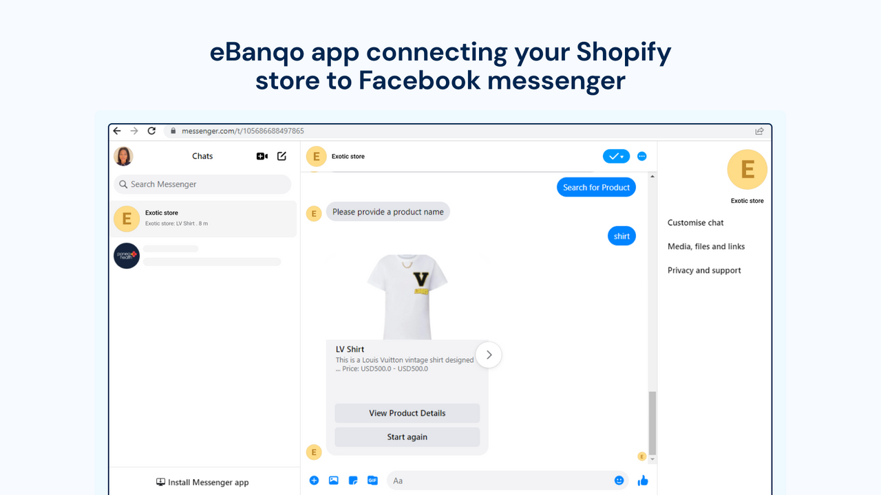 Aplicativo eBanqo conectando sua loja Shopify ao Facebook Messenger