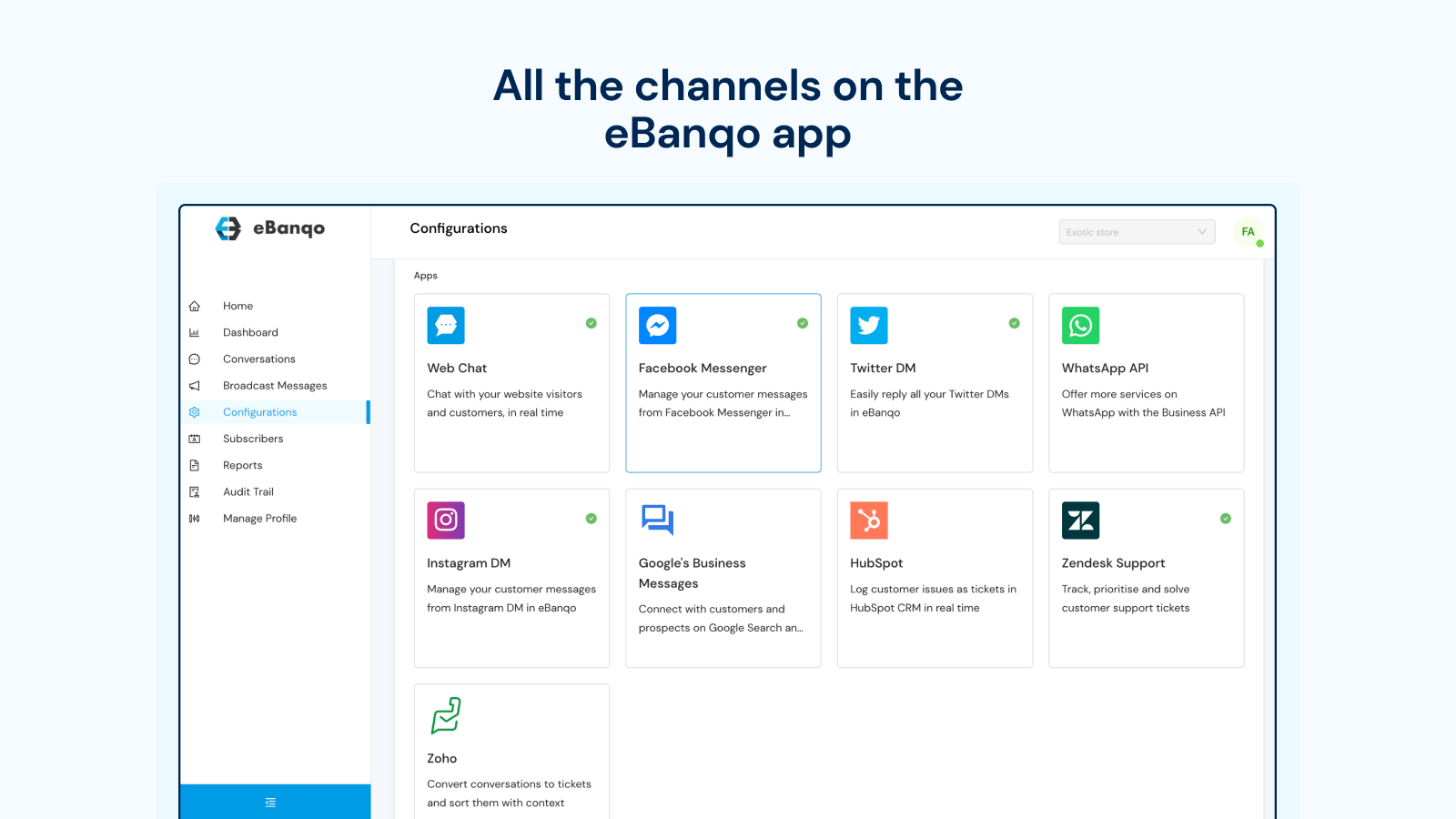 Todos os canais no aplicativo eBanqo