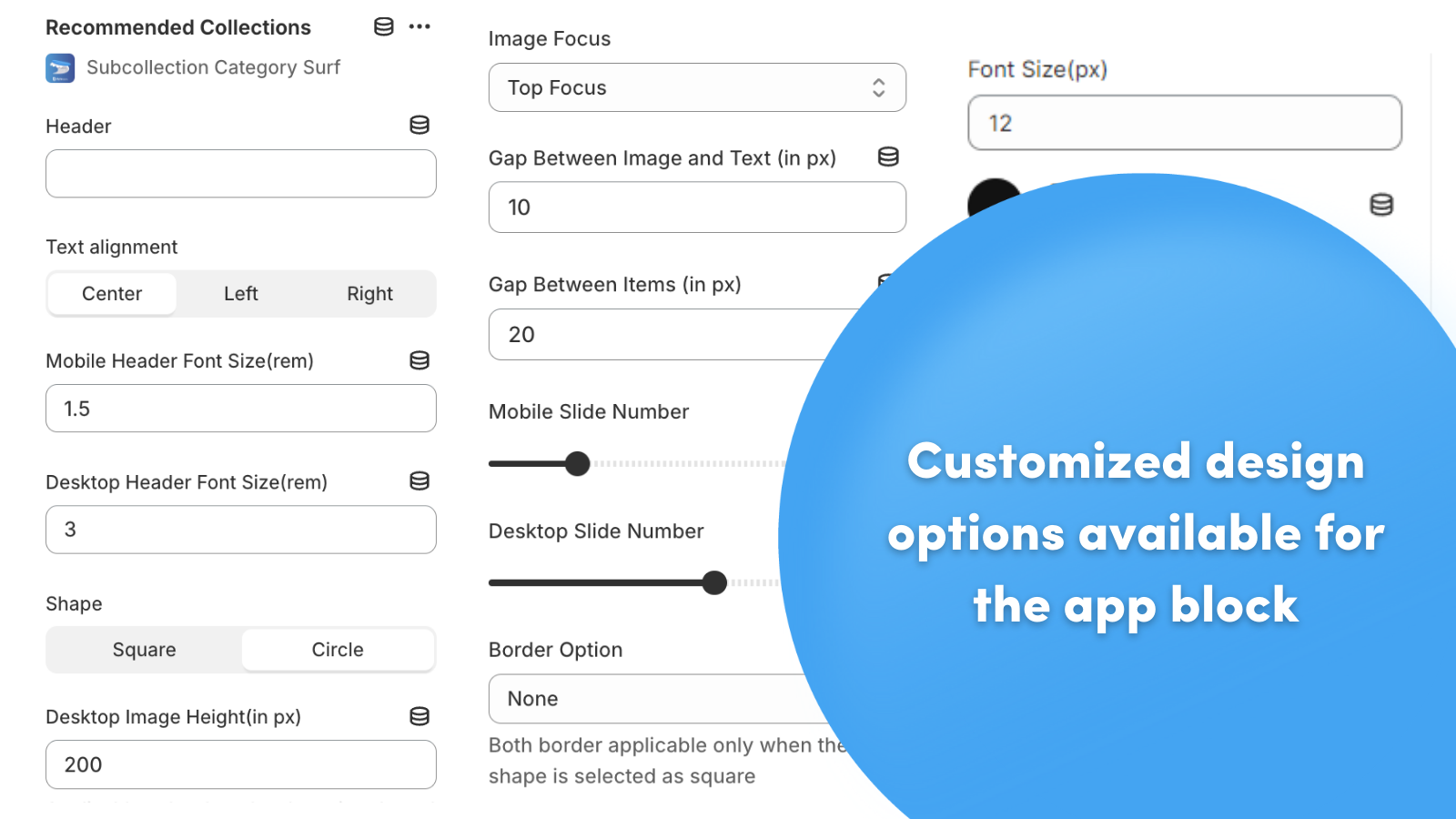 Opções de design personalizado disponíveis para o bloco do aplicativo