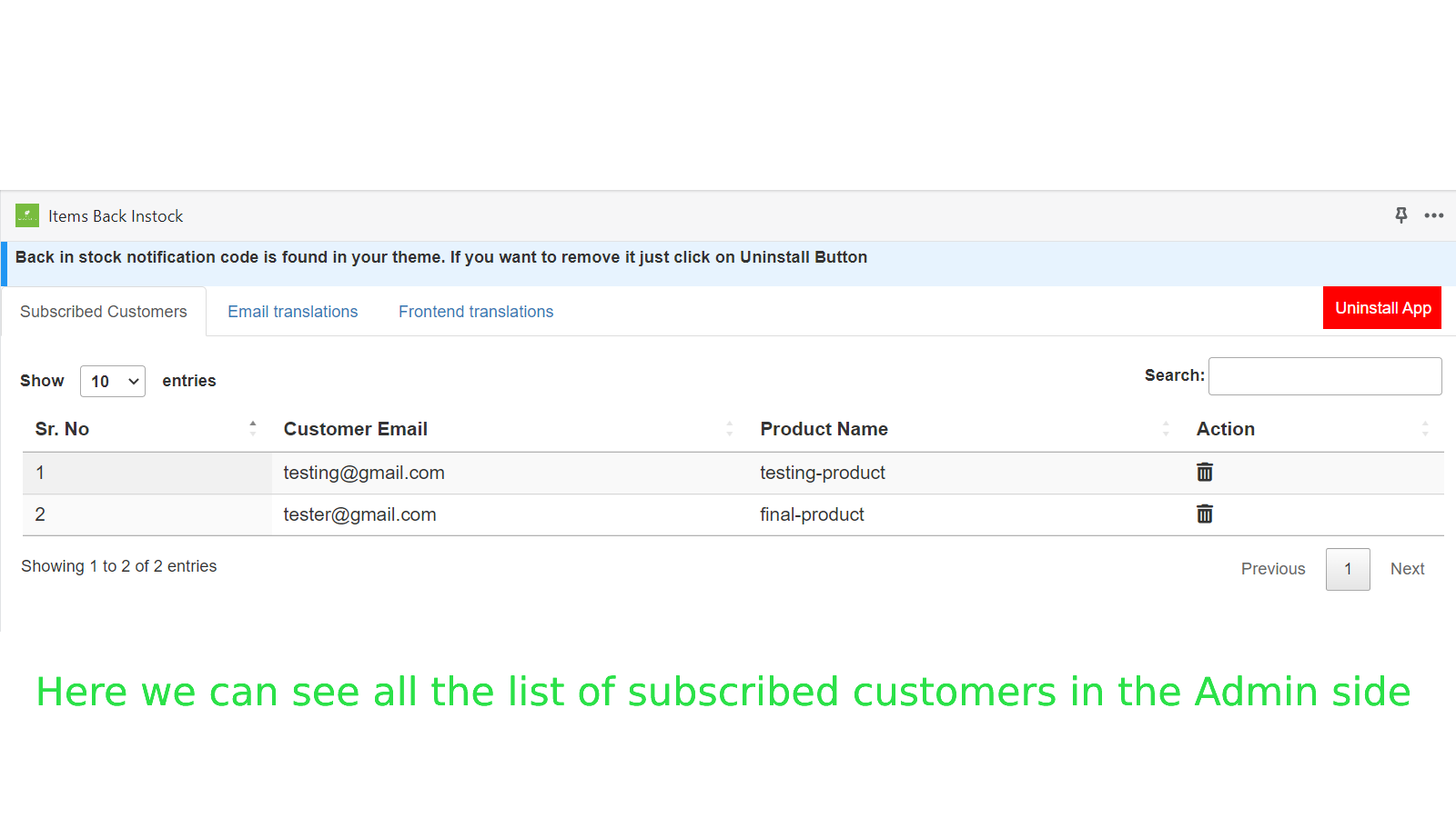 Subscribed customers list