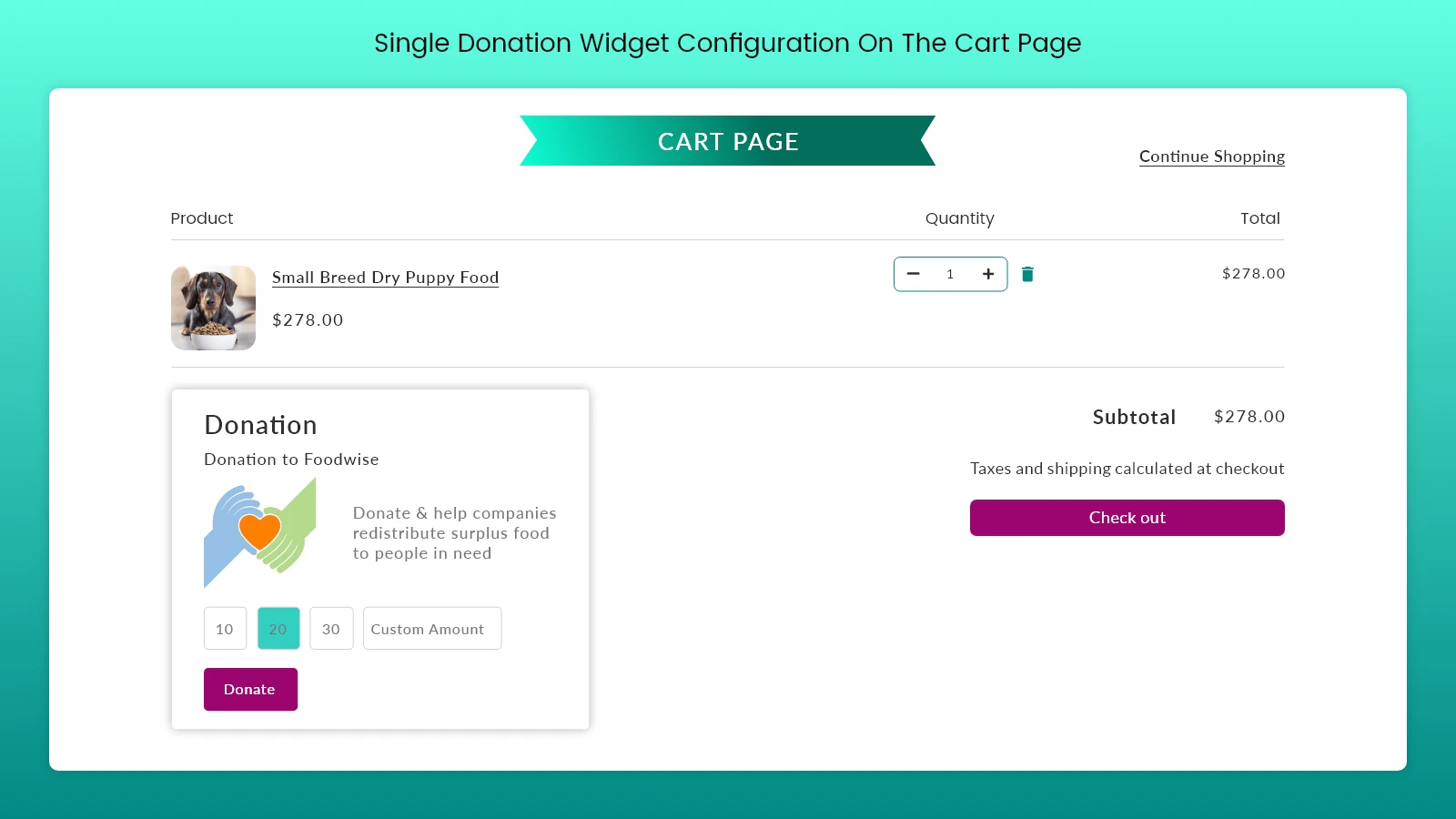 Spenden-Widget auf der Warenkorb-Seite - Shopify App