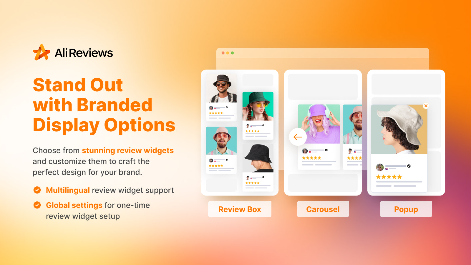Ali Reviews muestra opiniones en el cuadro de opiniones, carrusel de opiniones, popup de opiniones