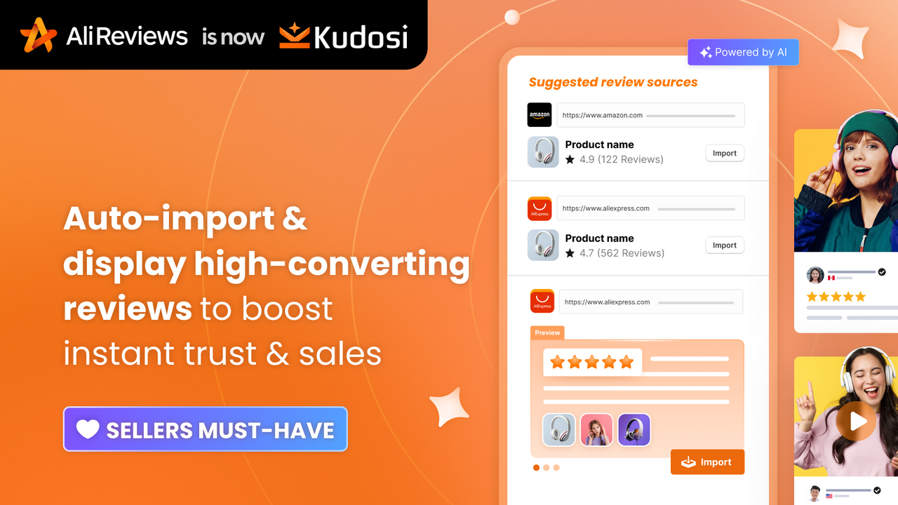 Kudosi (Ali Reviews) import reviews from AliExpress, Amazon