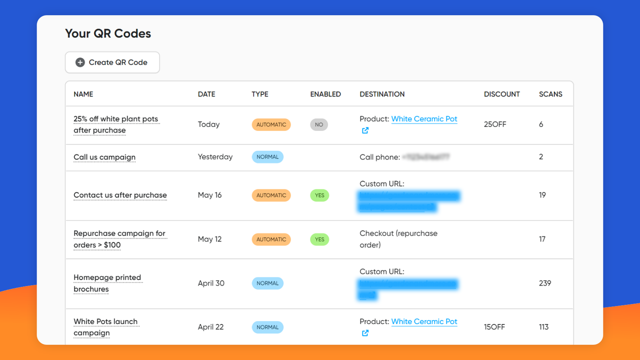 Simple and intuitive interface to create and manage QR Codes