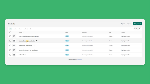 Synkroniser produkter mellem Shopify og iSpring Learn