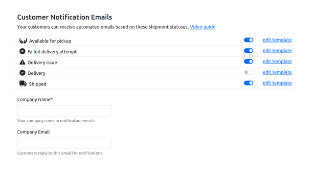 Notificaciones de estado de envío por correo electrónico al cliente