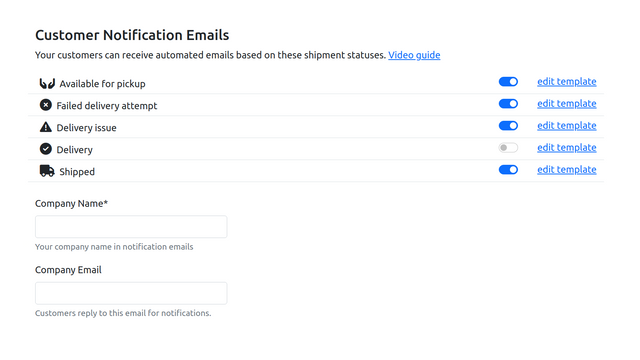 Notifications de statut d'envoi par e-mail client