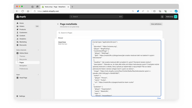 Page script settings – example