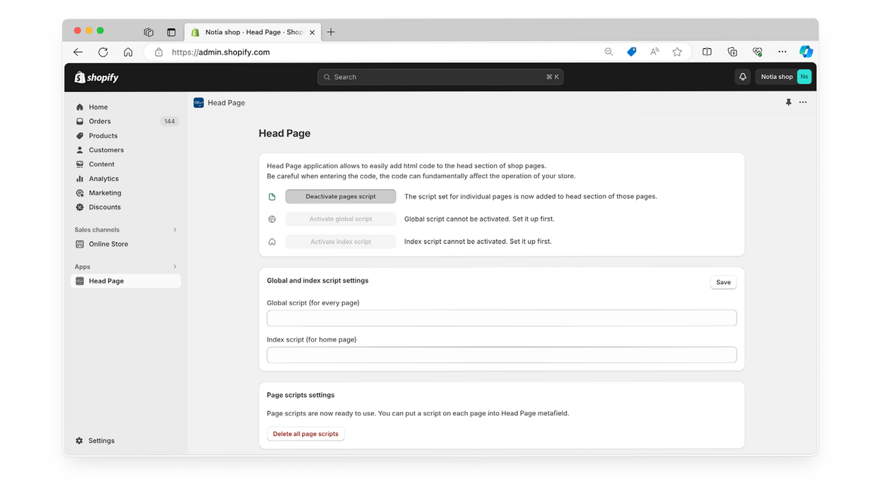 Head Page settings