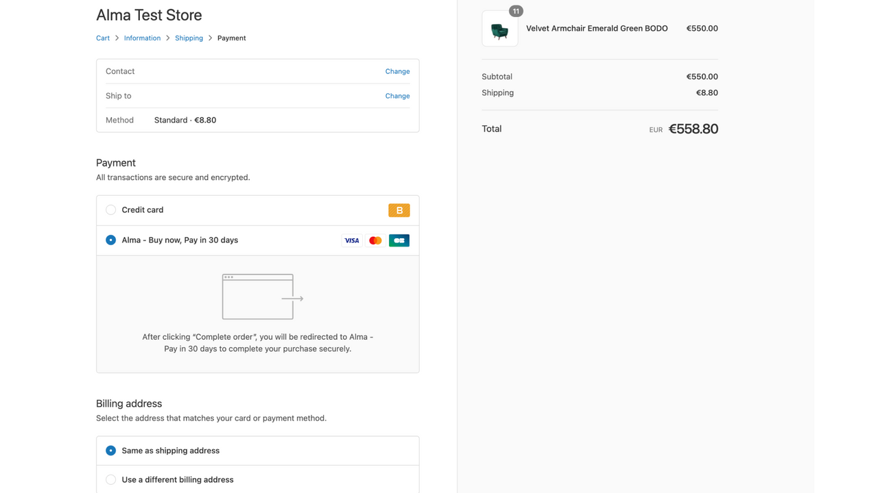 Alma payment method on Shopify checkout