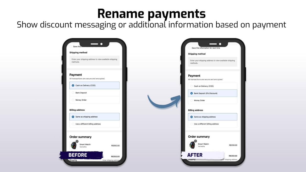 Betaalmethoden hernoemen op basis van voorwaarden (mobiel voorbeeld)