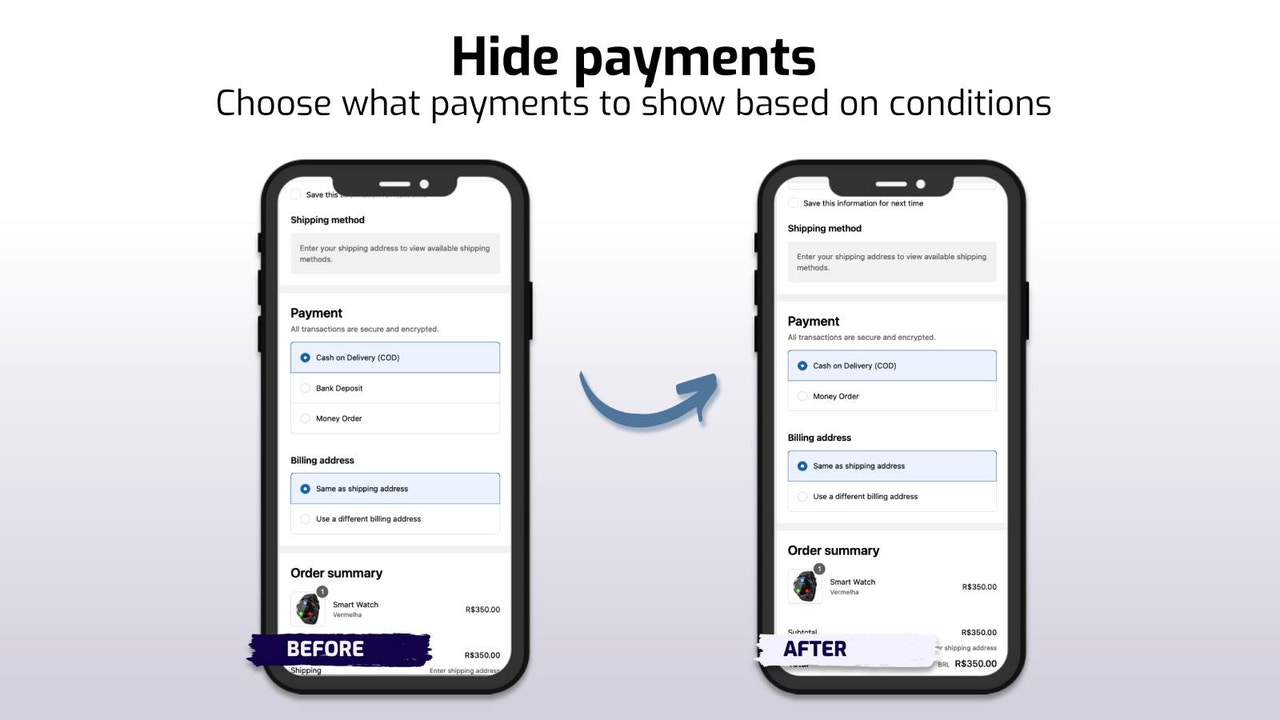 Betaalmethoden verbergen op basis van voorwaarden (mobiel voorbeeld)
