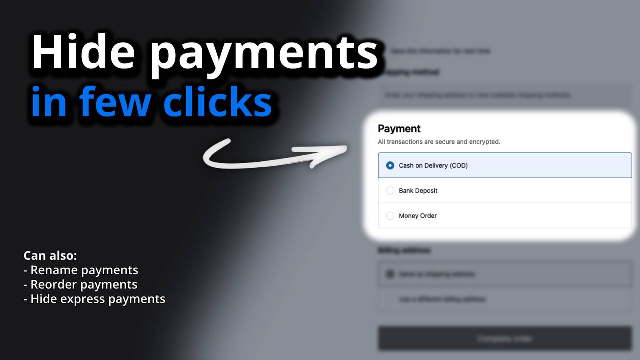 checkout showing how you can hide payments in a few clicks